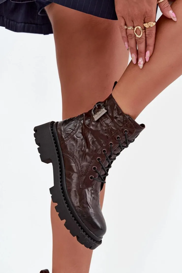 Damskie Artiker Skórzane Botki Damskie Z Efektem Marszczenia I Klamrą 57C1007 Czekoladowe