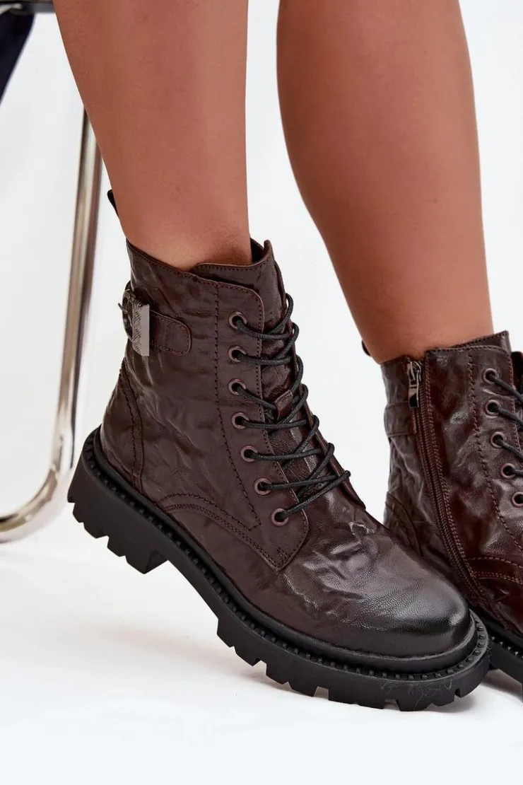 Damskie Artiker Skórzane Botki Damskie Z Efektem Marszczenia I Klamrą 57C1007 Czekoladowe