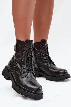 Artiker Botki Ocieplane|Botki Skórzane*Skórzane Botki Damskie Z Efektem Marszczenia I Klamrą 57C1008 Czarne Czarny