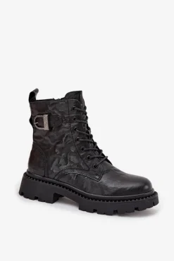 Artiker Botki Ocieplane|Botki Skórzane*Skórzane Botki Damskie Z Efektem Marszczenia I Klamrą 57C1008 Czarne Czarny