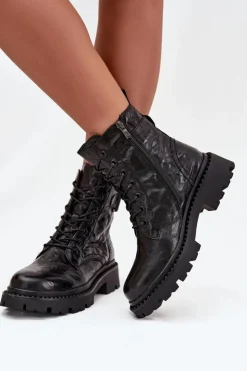 Artiker Botki Ocieplane|Botki Skórzane*Skórzane Botki Damskie Z Efektem Marszczenia I Klamrą 57C1008 Czarne Czarny