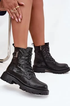 Artiker Botki Ocieplane|Botki Skórzane*Skórzane Botki Damskie Z Efektem Marszczenia I Klamrą 57C1008 Czarne Czarny