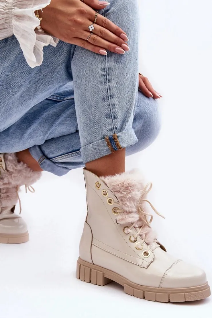 Hot Boto Skórzane Botki Damskie Z Futerkiem Jasnobeżowe Lewski 3296