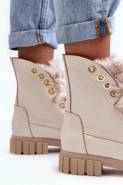 Hot Boto Skórzane Botki Damskie Z Futerkiem Jasnobeżowe Lewski 3296