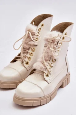 Hot Boto Skórzane Botki Damskie Z Futerkiem Jasnobeżowe Lewski 3296