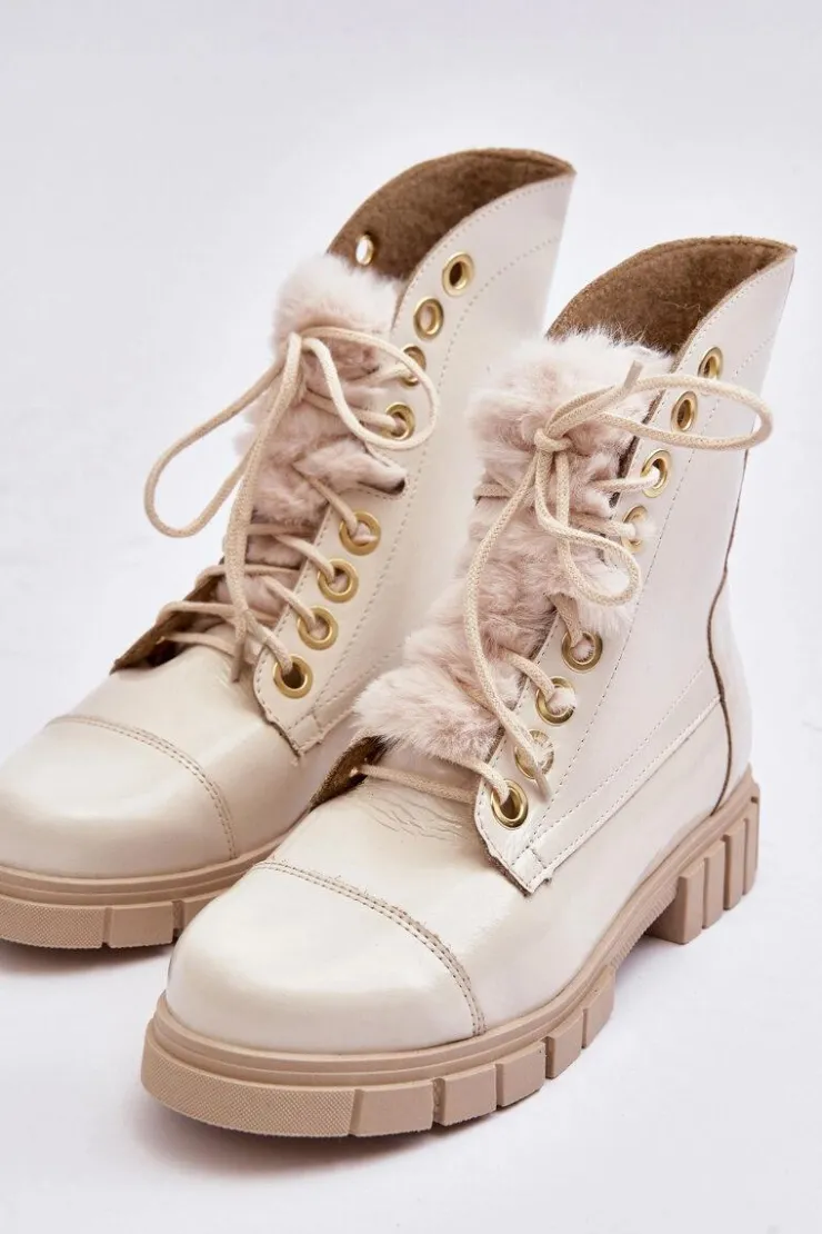 Hot Boto Skórzane Botki Damskie Z Futerkiem Jasnobeżowe Lewski 3296