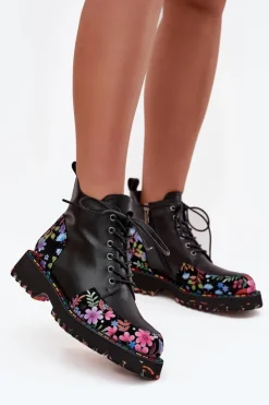 Artiker Botki Ocieplane|Botki Skórzane*Skórzane Botki Damskie Z Kwiatkami Ocieplane 57C0180 Czarne