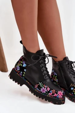 Artiker Botki Ocieplane|Botki Skórzane*Skórzane Botki Damskie Z Kwiatkami Ocieplane 57C0180 Czarne