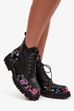 Artiker Botki Ocieplane|Botki Skórzane*Skórzane Botki Damskie Z Kwiatkami Ocieplane 57C0180 Czarne