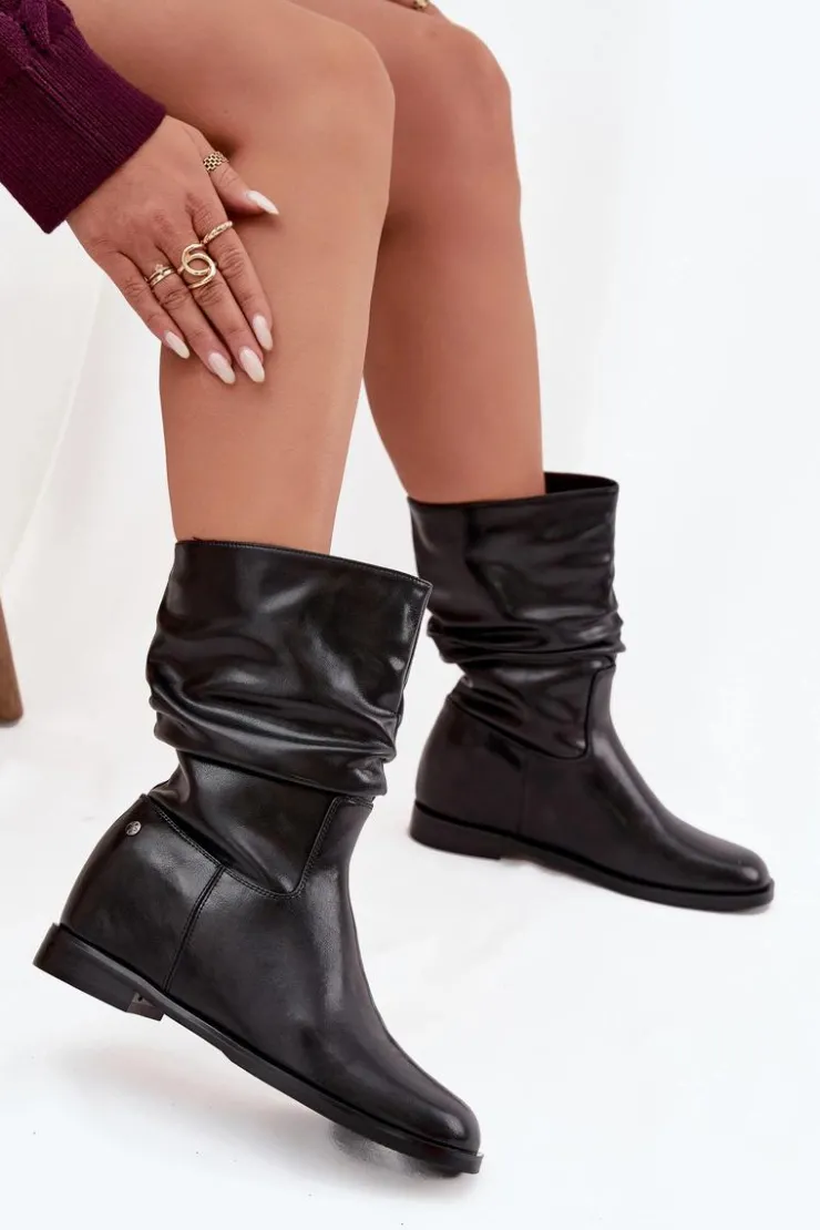 Maciejka Skórzane Botki Damskie Z Marszczeniem Ocieplane K7211-01 Czarne Czarny