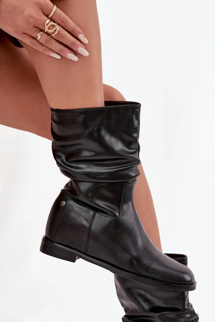 Maciejka Skórzane Botki Damskie Z Marszczeniem Ocieplane K7211-01 Czarne Czarny