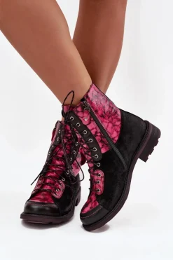 Damskie Maciejka Skórzane Botki Damskie Z Naturalnej Skóry Na Płaskim Obcasie 07004-23 Czarno-Różowe