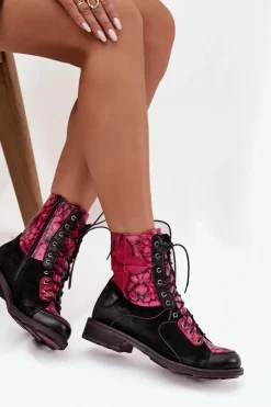 Damskie Maciejka Skórzane Botki Damskie Z Naturalnej Skóry Na Płaskim Obcasie 07004-23 Czarno-Różowe