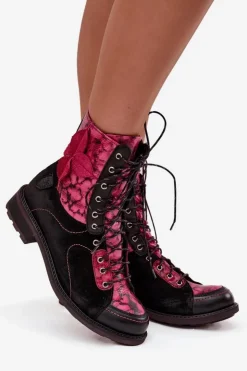 Damskie Maciejka Skórzane Botki Damskie Z Naturalnej Skóry Na Płaskim Obcasie 07004-23 Czarno-Różowe