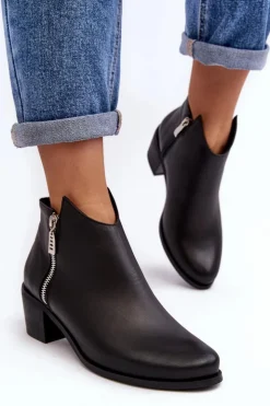 Clearance Boto Skórzane Botki Damskie Z Niską Cholewką Na Słupku Z Suwakami Czarne Annaja