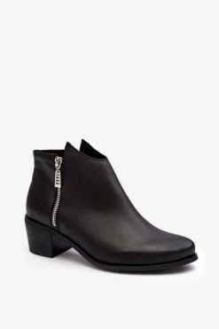 Clearance Boto Skórzane Botki Damskie Z Niską Cholewką Na Słupku Z Suwakami Czarne Annaja