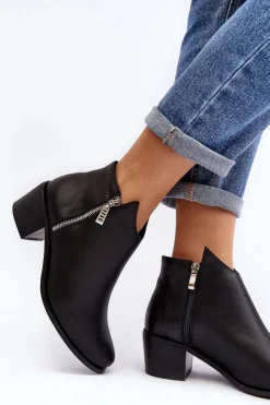 Clearance Boto Skórzane Botki Damskie Z Niską Cholewką Na Słupku Z Suwakami Czarne Annaja