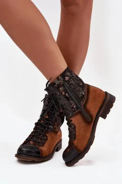 Discount Maciejka Skórzane Botki Damskie Z Naturalnej Skóry Na Płaskim Obcasie 07004-29 Camel