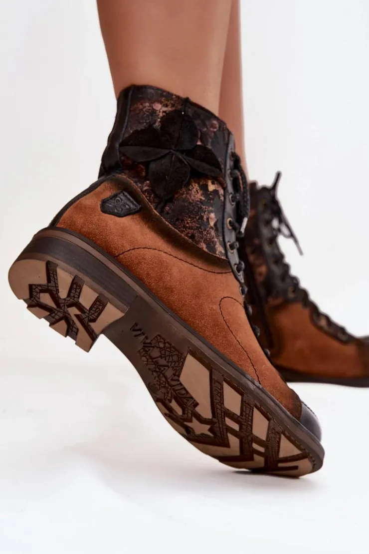 Discount Maciejka Skórzane Botki Damskie Z Naturalnej Skóry Na Płaskim Obcasie 07004-29 Camel