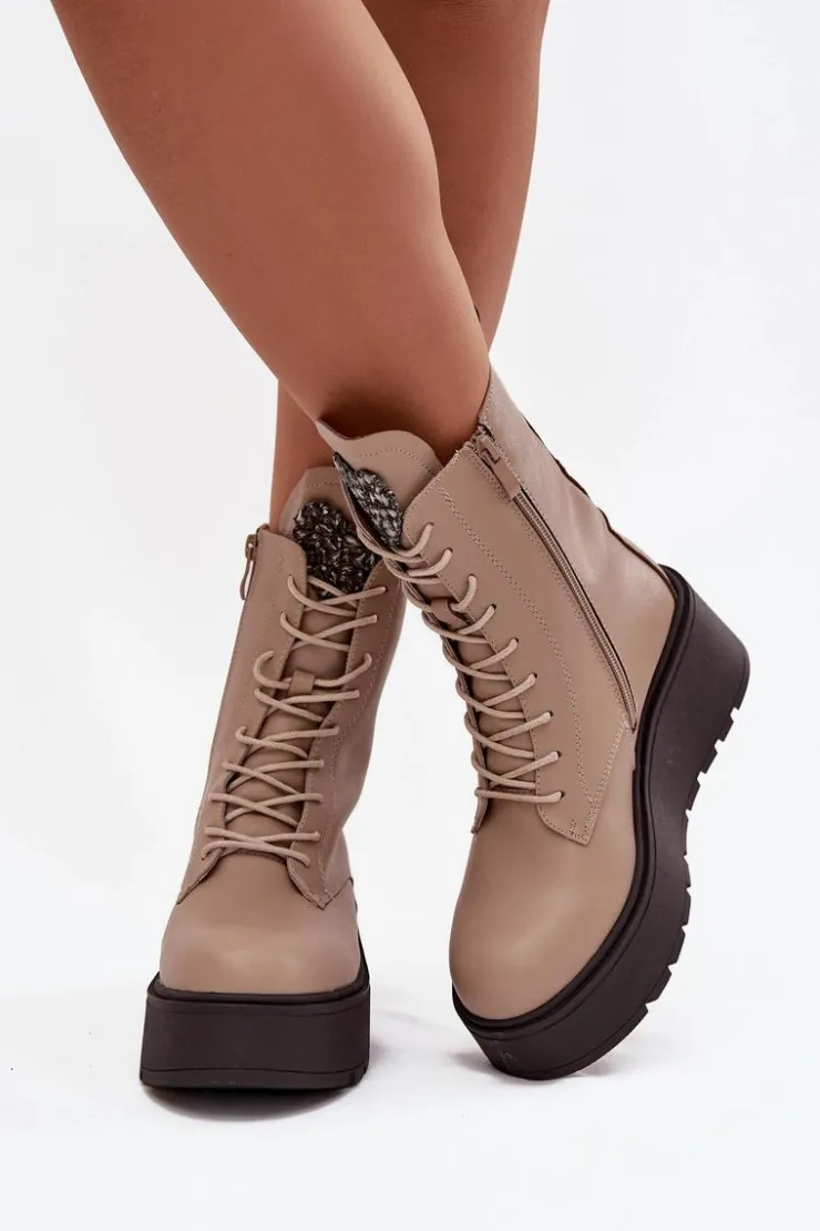 Boto Botki Ocieplane|Botki Skórzane*Skórzane Botki Damskie Z Ozdobą Ocieplane Beżowe Ulrika Beżowy