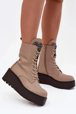 Boto Botki Ocieplane|Botki Skórzane*Skórzane Botki Damskie Z Ozdobą Ocieplane Beżowe Ulrika Beżowy