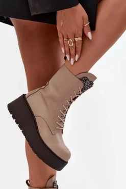 Boto Botki Ocieplane|Botki Skórzane*Skórzane Botki Damskie Z Ozdobą Ocieplane Beżowe Ulrika Beżowy