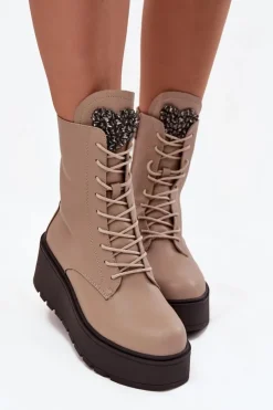 Boto Botki Ocieplane|Botki Skórzane*Skórzane Botki Damskie Z Ozdobą Ocieplane Beżowe Ulrika Beżowy