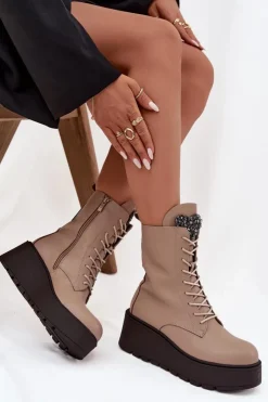 Boto Botki Ocieplane|Botki Skórzane*Skórzane Botki Damskie Z Ozdobą Ocieplane Beżowe Ulrika Beżowy