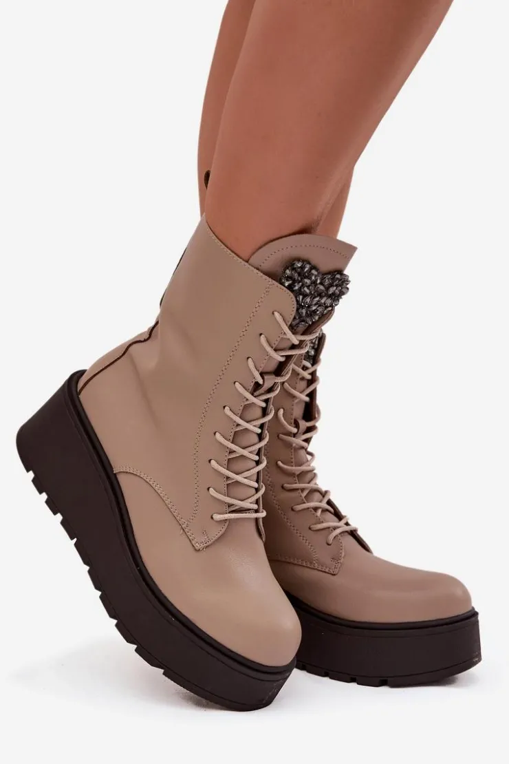 Boto Botki Ocieplane|Botki Skórzane*Skórzane Botki Damskie Z Ozdobą Ocieplane Beżowe Ulrika Beżowy