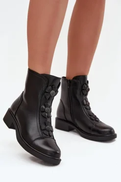 Boto Botki Ocieplane|Czarne Botki*Skórzane Botki Damskie Z Ozdobnymi Kwiatkami Ocieplane Czarne Belverine Czarny