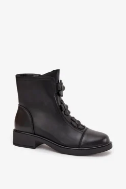 Boto Botki Ocieplane|Czarne Botki*Skórzane Botki Damskie Z Ozdobnymi Kwiatkami Ocieplane Czarne Belverine Czarny