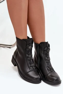 Boto Botki Ocieplane|Czarne Botki*Skórzane Botki Damskie Z Ozdobnymi Kwiatkami Ocieplane Czarne Belverine Czarny