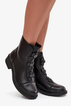 Boto Botki Ocieplane|Czarne Botki*Skórzane Botki Damskie Z Ozdobnymi Kwiatkami Ocieplane Czarne Belverine Czarny