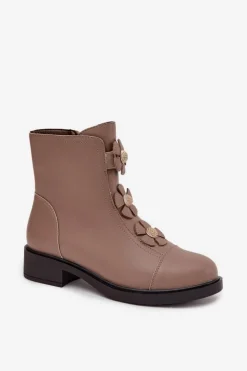 Outlet Boto Skórzane Botki Damskie Z Ozdobnymi Kwiatkami Ocieplane Beżowe Belverine Beżowy