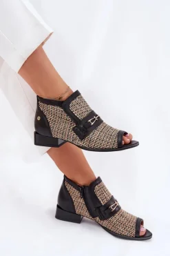 Outlet Maciejka Skórzane Botki Damskie Z Odkrytymi Palcami 06934-39/00-1 Czarno-Beżowe