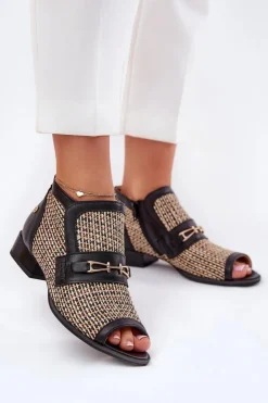 Outlet Maciejka Skórzane Botki Damskie Z Odkrytymi Palcami 06934-39/00-1 Czarno-Beżowe