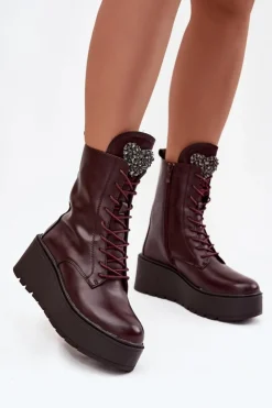 Damskie Boto Skórzane Botki Damskie Z Ozdobą Ocieplane Bordowe Ulrika