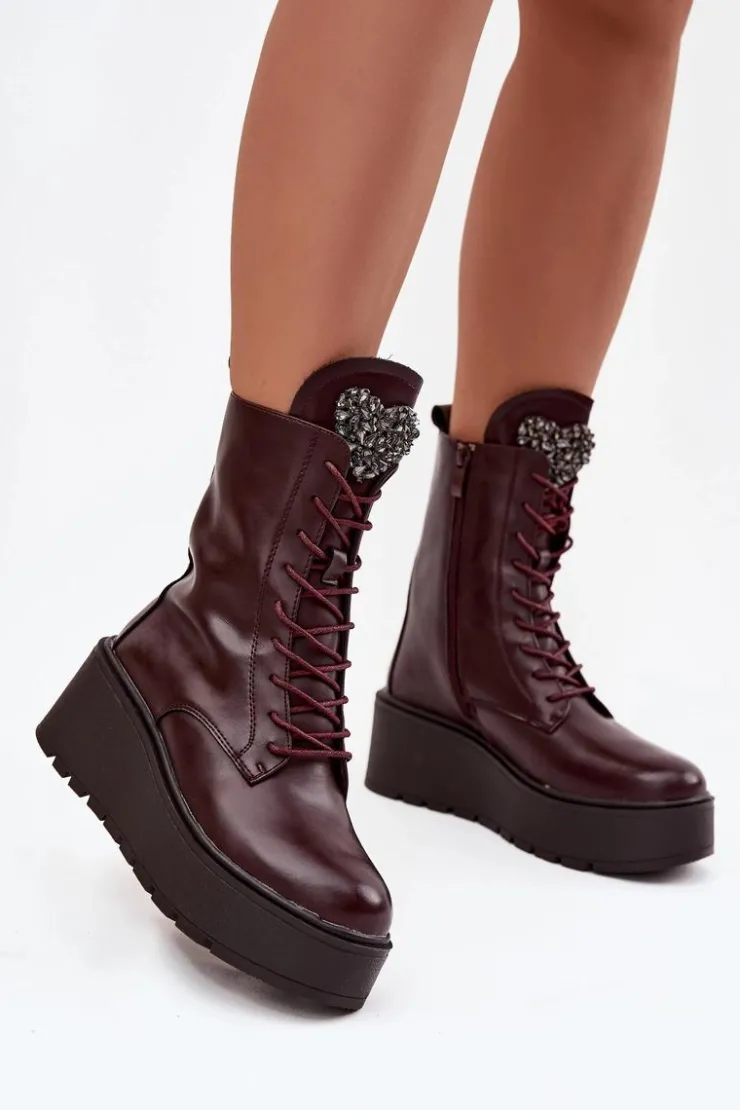 Damskie Boto Skórzane Botki Damskie Z Ozdobą Ocieplane Bordowe Ulrika