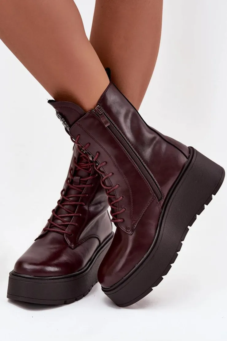 Damskie Boto Skórzane Botki Damskie Z Ozdobą Ocieplane Bordowe Ulrika
