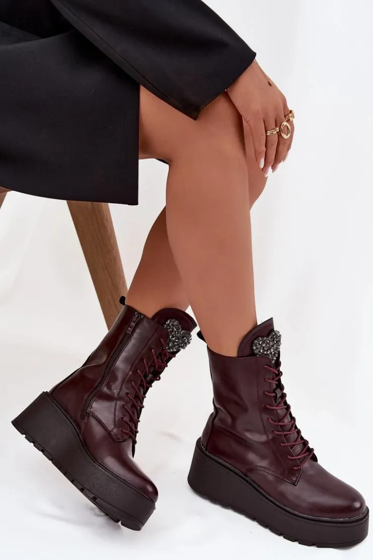 Damskie Boto Skórzane Botki Damskie Z Ozdobą Ocieplane Bordowe Ulrika