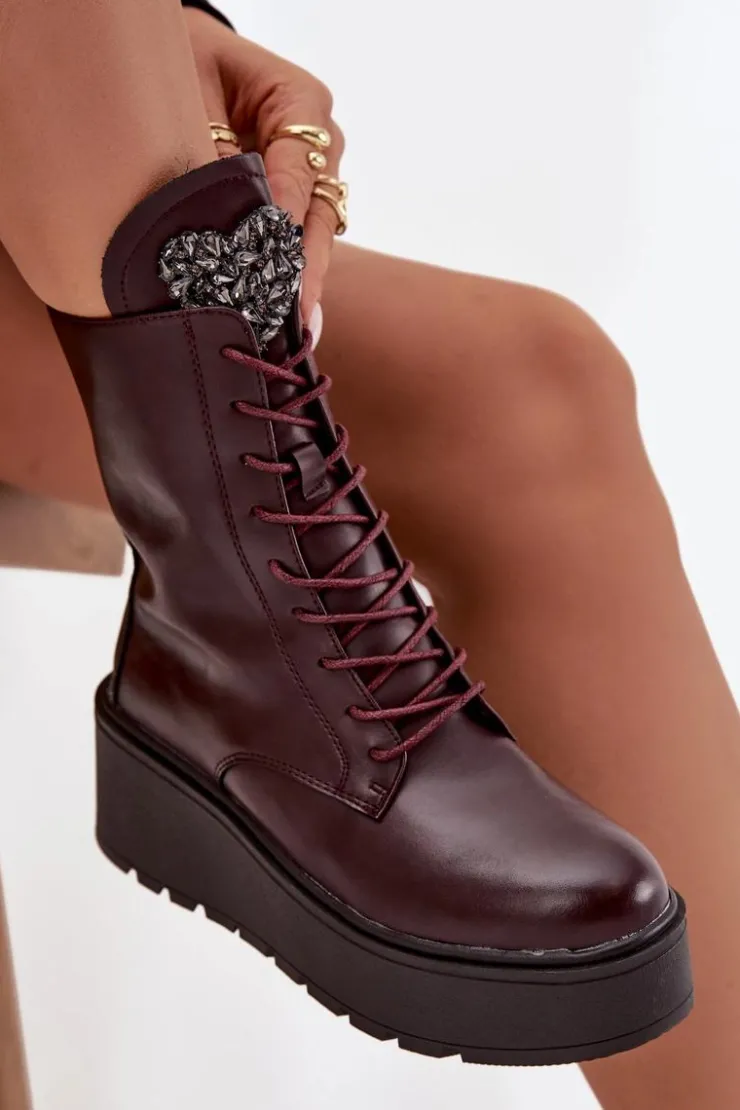 Damskie Boto Skórzane Botki Damskie Z Ozdobą Ocieplane Bordowe Ulrika