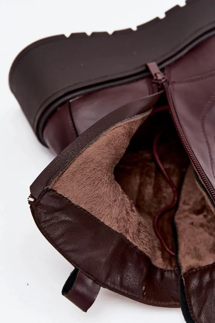 Damskie Boto Skórzane Botki Damskie Z Ozdobą Ocieplane Bordowe Ulrika