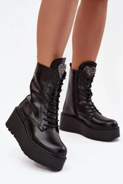 Outlet Boto Skórzane Botki Damskie Z Ozdobą Ocieplane Czarne Ulrika Czarny