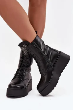 Outlet Boto Skórzane Botki Damskie Z Ozdobą Ocieplane Czarne Ulrika Czarny