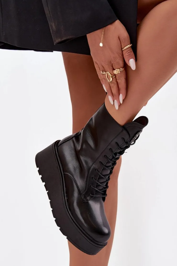 Outlet Boto Skórzane Botki Damskie Z Ozdobą Ocieplane Czarne Ulrika Czarny