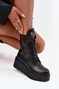 Outlet Boto Skórzane Botki Damskie Z Ozdobą Ocieplane Czarne Ulrika Czarny