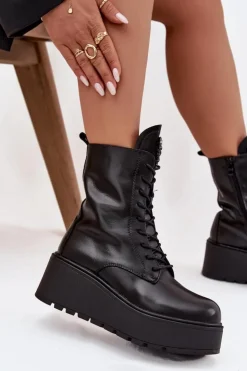 Outlet Boto Skórzane Botki Damskie Z Ozdobą Ocieplane Czarne Ulrika Czarny