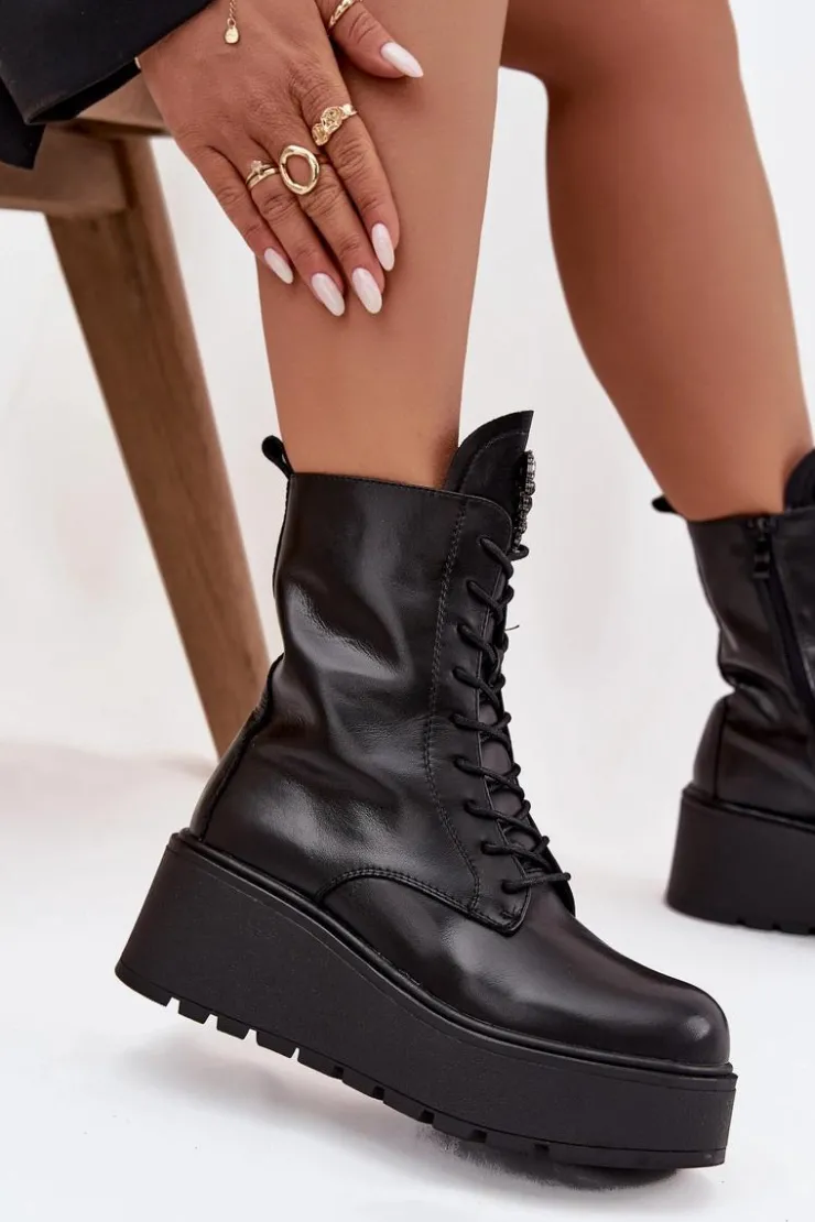 Outlet Boto Skórzane Botki Damskie Z Ozdobą Ocieplane Czarne Ulrika Czarny