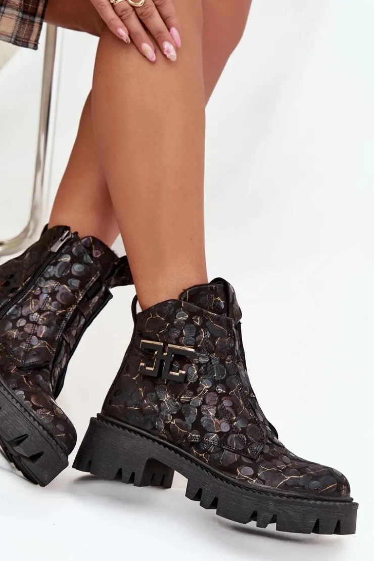 Damskie Artiker Skórzane Botki Damskie Z Ozdobą Ocieplane 57C2084 Czarno-Złote