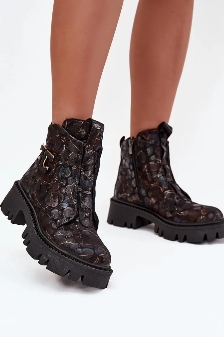 Damskie Artiker Skórzane Botki Damskie Z Ozdobą Ocieplane 57C2084 Czarno-Złote